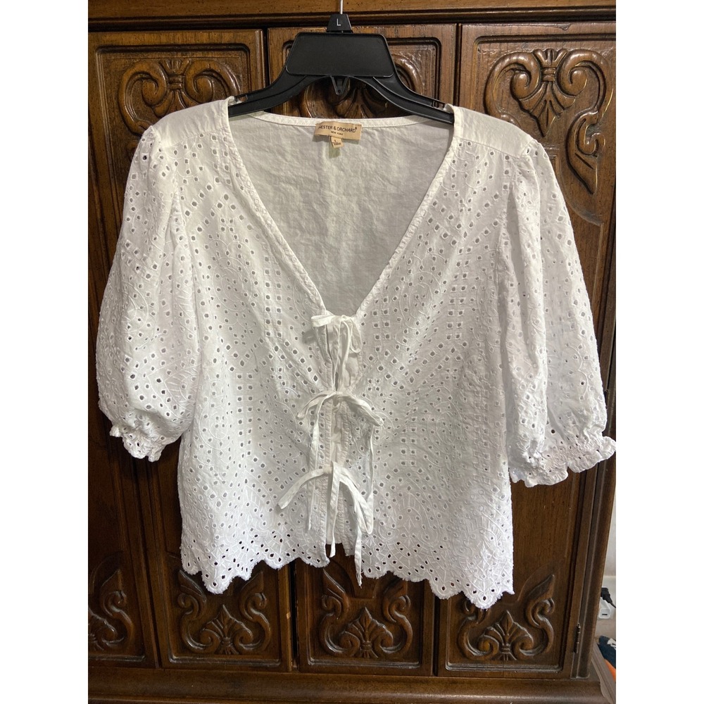 Hester & Orchard White Eyelet Cotton Tie Front V-Neck Puff Sleeve Blouse Large